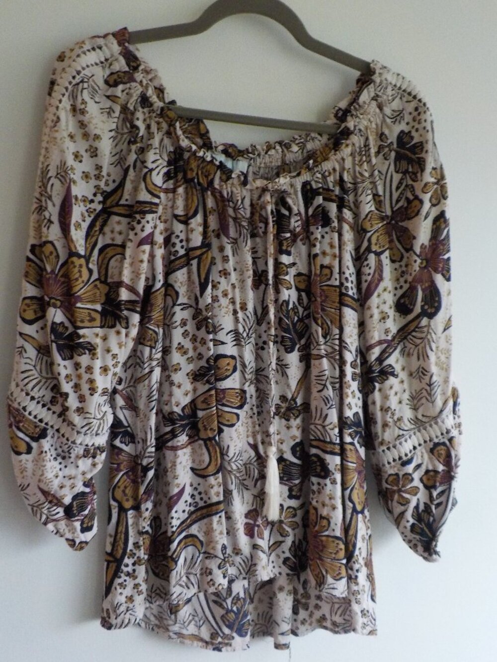 Bunulu Blouse - Medium - Boho Off Shoulder Brown Cream Pull Sleeves (2199)